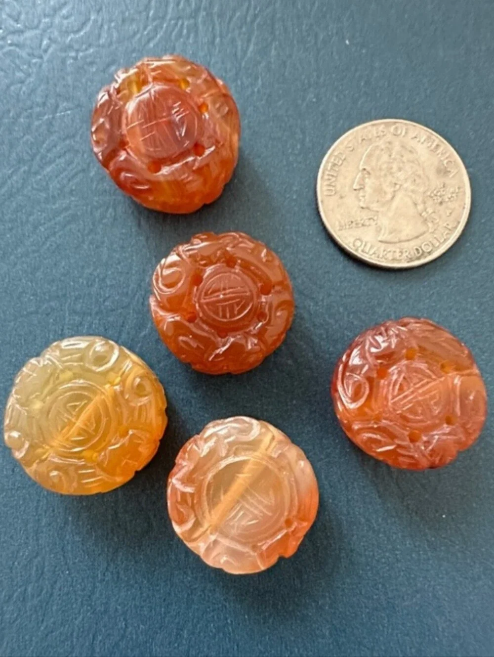 Vintage Carved Carnelian Round Beads - Set of 5